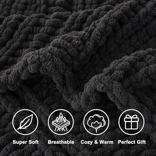 Battilo Chunky Knit Throw Blanket for Couch, 50"x60", Charcoal | Hand Knit, Dark Grey Throw Blanket, Cozy Warm Thick Soft Chenille Throw Blanket for Bed, Sofa, Living Room - color: Charcoal