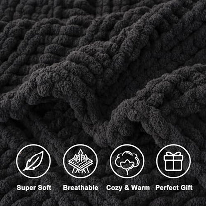 Battilo Chunky Knit Throw Blanket for Couch, 50"x60", Charcoal | Hand Knit, Dark Grey Throw Blanket, Cozy Warm Thick Soft Chenille Throw Blanket for Bed, Sofa, Living Room - color: Charcoal
