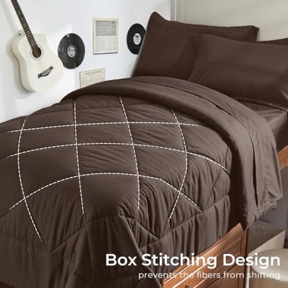 5-Piece Twin Comforter Set, Brown | Reversible, All-Season, Soft, 5 Piece Set, All-Season Reversible Bed in a Bag, Flat Sheet, Fitted Sheet, Pillowcases - color: Brown, size: Twin