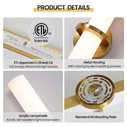 Hardwired Wall Sconces Set of Two 18 Inch Gold Bathroom Wall Sconces 18W 2700K-5000K LED Dimmable Modern Wall Lights with Acrylic Lampshade Brushed Gold Sconces for Bedroom Living Room Hallway - color: Gold, size: Hardwired (18in-2pcs)