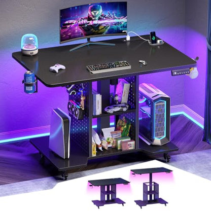 SEDETA Small Standing Gaming Desk, 31.5" Rolling Computer PC Desk Height Adjustable with Power Outlet, Pegboard & Storage Shelves, RGB LED Light, for Small Spaces/Bedroom/Gaming, Carbon Fiber Black - color: Carbon Fiber Black