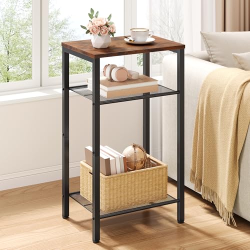 Hoctieon 3 Tier End Table, Telephone Table, Narrow Side Table with Storage, Nightstand for Small Spaces, Metal Frame, For Living Room, Bedroom, Sofa Couch, Hall, Easy Assembly, Rustic Brown - color: Rustic Brown, size: 1 Pack
