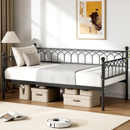 IDEALHOUSE Twin Size Daybed, Sofa Bed Frame with Metal Steel Slat Support, Heavy Duty Metal Bed Frame, Space Saving, Easy Assembly, for Small Spaces, Living Room, Bedroom, Apartment, Black | Pull-Out Trundle, Space-Saving, Metal Frame, Living Room, Bedroo