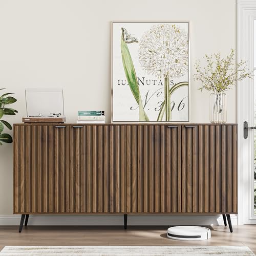 Smuxee 63" Fluted Sideboard Cabinet, Freestanding Walnut Buffet Cabinet with Adjustable Shelf, Wood Storage Cabinet for Living Room, Entryway, Hallway - color: Walnut, size: Wide-63 in