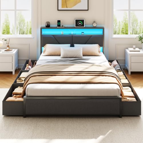 Queen Bed Frame with Storage Headboard, 6 Drawers, LED & Charging | 2-Tier Fabric Upholstered Headboard, Charging Station&RGB Lights, No Box Spring Needed, easy assembly, Noise-Free - color: Dark Gray, size: Queen