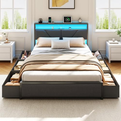 Queen Bed Frame with Storage Headboard, 6 Drawers, LED & Charging | 2-Tier Fabric Upholstered Headboard, Charging Station&RGB Lights, No Box Spring Needed, easy assembly, Noise-Free - color: Dark Gray, size: Queen