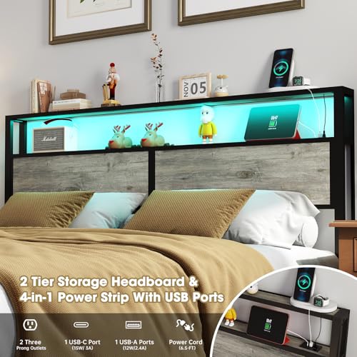 RVONOW King Size Bed Frame with 2-Tier Storage Headboard, Rustic Grey | Wooden headboard with LED lights, built-in charging station, No Box Spring Needed, Noise Free, Easy Assembly, Modern Bedroom - color: Rustic Grey, size: King