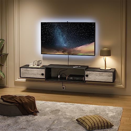 HOOBRO 55" Floating TV Stand with Power Outlets, Modern Wall Mounted Media Console Shelf with Doors, Entertainment Center for Under TV Storage, for Living Room, Bedroom, Greige and Black BG11UDS01 - color: Greige + Black