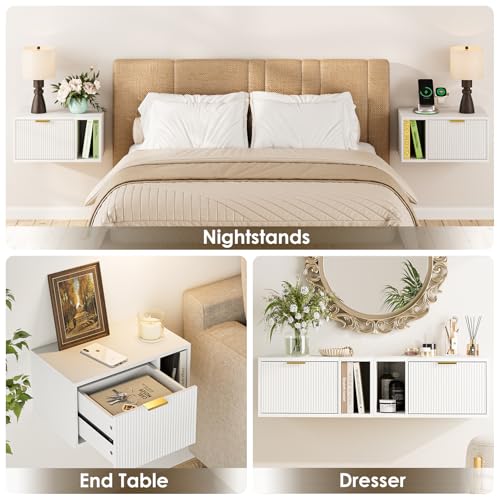 Masupu Floating Nightstand, Wall Mounted Floating Bedside Table with Storage Drawer and Open Shelf, Modern Bedroom Nightstand, 19.3" x 11.4" x 10", White - color: White