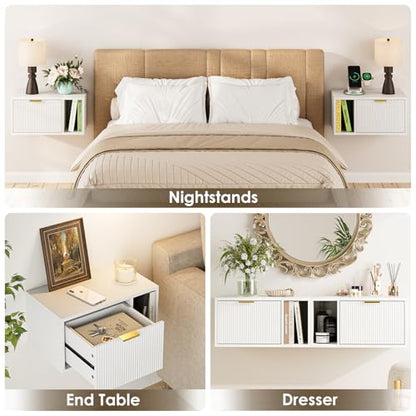 Masupu Floating Nightstand, Wall Mounted Floating Bedside Table with Storage Drawer and Open Shelf, Modern Bedroom Nightstand, 19.3" x 11.4" x 10", White - color: White