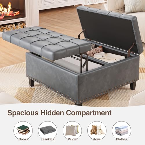 FiveWillowise 31.5 Inch Large Square Ottoman with Storage,Faux Leather | Coffee Table Storage Ottoman Bench with Lift Top Upholstered Footrest Stool Toy Box for Bedroom Living Room,Grey - color: Slate Gray