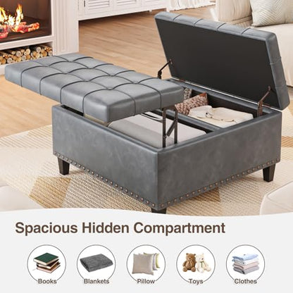 FiveWillowise 31.5 Inch Large Square Ottoman with Storage,Faux Leather | Coffee Table Storage Ottoman Bench with Lift Top Upholstered Footrest Stool Toy Box for Bedroom Living Room,Grey - color: Slate Gray