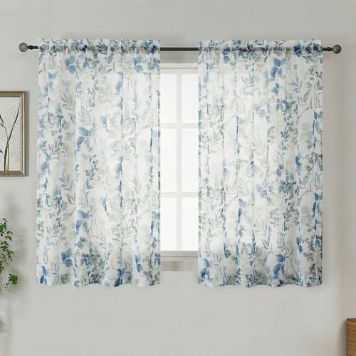 Printing Sheer Curtians 54 Inch Length Kitchen Curtain 2 Panels Set, Rod Pocket Printing Small Window Living Room Curtains with Floral Leaves, Light Filtering Short Curtains, Blue, 42"x54" - color: Blue/Multi, size: 42"W x 54"L (Pack of 2)