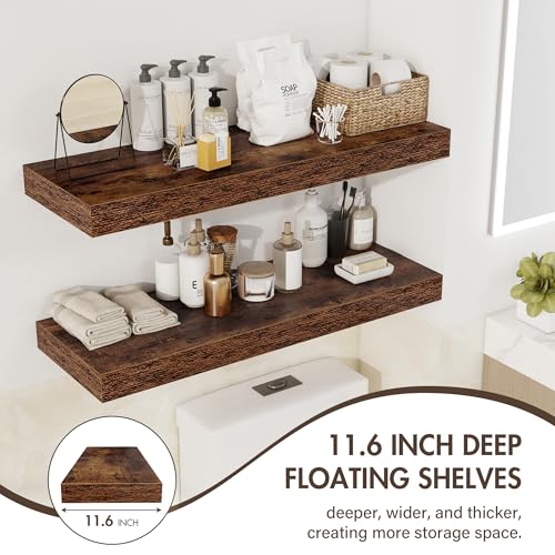 Acovy 30 Inch Floating Shelves, 12" Deep Floating Shelf Wall Mounted, 30" Wall Shelves, Rustic Deep Bookshelf, Extra Deeper & Thicker Display Shelves for Bedroom, Living Room, Brown, Set of 2 - color: Brown, size: 12"Wx30"L-2pcs