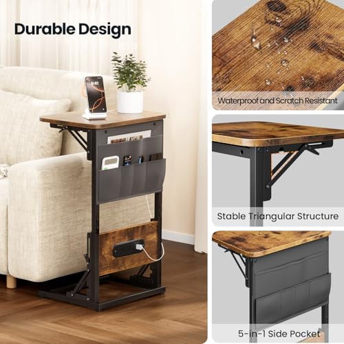 HLDIRECT C Shaped End Table with Charging Station & Storage Bag Brown | 2 USB & 2 Outlets, Storage Bag, FSC Wood, Foldable, 11.8"D x 15.7"W, for Small Spaces, Couch, Bedroom - color: Rustic Brown