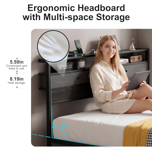 Queen Bed Frames with LED Lights and Charging Station, Platform Bed with Metal Slats, Wood Headboard with 2 Fabric Drawers and Storage Shelves, No Box Spring Needed