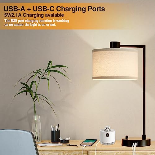 Luvkczc Table Lamp for Bedroom Set of 2 with USB C+A Ports, Fully Stepless Dimmable Bedside Lamp with Linen Lampshade, Contemporary Lamp for Living Room Reading Office, 2 LED Bulbs Included (Black) | Nightstand Lamp with Linen Lampshade, 2 LED Bulbs Inclu