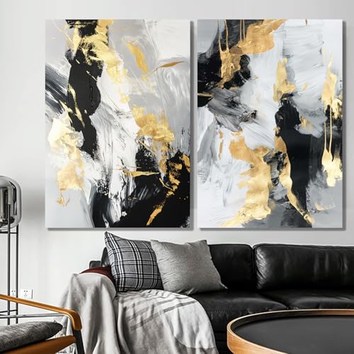Black White Gold Abstract Wall Art Modern Abstract Painting Black Gold White Grey Wall Art Modern Abstract Graffiti Gold Painting Abstract Minimalist Canvas Modern Gold Foil Artwork 16x24inx2 No Frame - color: A-No Frame, size: 16L" x 24W"