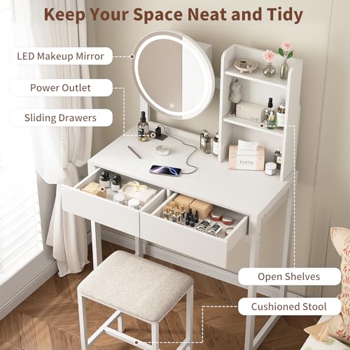 VFK Small Vanity Desk with Mirror and Lights, Makeup Vanity Table with LED Mirror, 3 Lighting Modes, Power Outlet, Drawer, Open Shelves and Cushioned Stool for Bedroom (White) - color: White