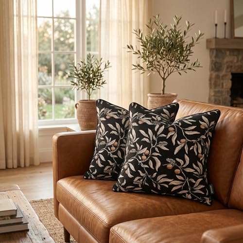 Black Vintage Floral Pillow Covers 18x18 Inch Set of 2, Cotton Plant Throw Pillow Decorative Cover Square Farmhouse Decorative Pillow Cover for Couch Living Room Bedroom - color: Black, size: 18" x 18" (Pack of 2)