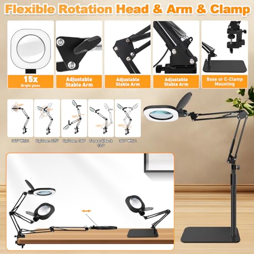 15X Magnifying Lamp with Light,5-Inch Optical Glass Lens, 3-in-1 Desk/Clamp/Floor Stand, LED Lighted Magnifier, Stepless Dimming for Close Work, Crafts, Repair, Reading, Sewing, Black - color: Black
