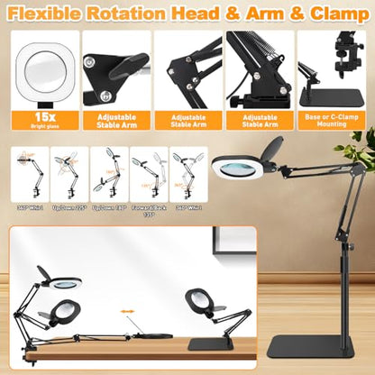 15X Magnifying Lamp with Light,5-Inch Optical Glass Lens, 3-in-1 Desk/Clamp/Floor Stand, LED Lighted Magnifier, Stepless Dimming for Close Work, Crafts, Repair, Reading, Sewing, Black - color: Black