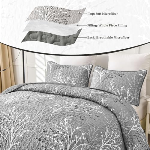 DJY Grey Quilt Set Queen Size - Branch Botanical Bedspread Coverlet Set | 3 Pieces Gray Floral Quilt Bedding Set, Soft Lightweight Microfiber Reversible Summer Quilt Set, 96''x90'' - color: Grey, size: Queen