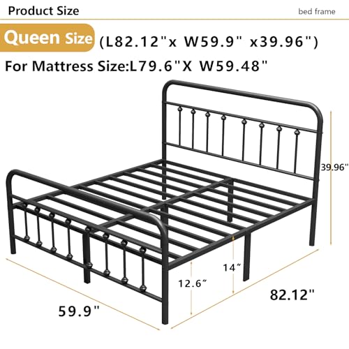 Vengarus Queen Metal Bed Frame with Victorian Headboard & Footboard, Black | 14" Queen Metal Platform Frame, Heavy Duty Steel Slat Support, Noise Free, No Box Spring Needed, Easy Disassembly & Transport - size: Queen