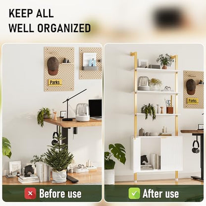 74" Tall Bookshelf with Storage Cabinet, Modern Ladder Shelf with Wood and Metal Frame, Wall Mount Bookcase Open Display Shelf Furniture for Living Room, Bedroom, Home Office, Gold - color: White & Gold