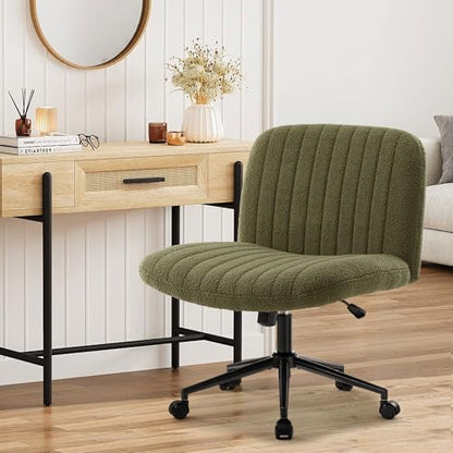 IWMH Criss Cross Office Chair with Wheels Cross Legged Desk Chair Armless | Green Computer Chair Vanity Chair Wide Seat Swivel Task Chair for Home Office Bedroom Make Up Small Space Height Adjustable - color: Teddy Green With Wheels