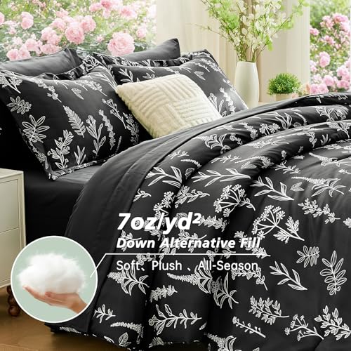 Black TwinXL Comforter Set, Elegant Floral Print Bed in a Bag 5 Pieces, Ultra Soft & Breathable Reversible Botanical Pattern Bedding Set with Comforter, Sheets, Pillowcase, and Sham - color: Black Leaves, size: Twin XL (68"x88")