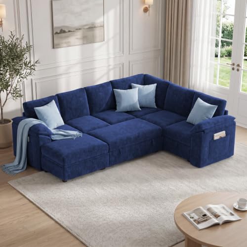 Modular Sectional Sofa with Pull Out Bed, L Shaped Sectional Couches | Chenille 7 Seat Sectional Sleeper Sofa with Storage Ottoman & Side Pockets, Comfy Sleeper Sofa for Living Room - color: Navy Blue, size: U-shaped 7 Seats