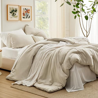 Bedsure 트윈 XL 이불 세트 베이지 침대 세트 듀얼 톤 5피스 172.7cm x 223.5cm(68x88인치) | Bed in a Bag 침구 세트, 사계절용, 기숙사 필수품, 대조적인 디자인, 부드러움, 시트 포함, 통기성, 침실 - color: 02 - 베이지/화이트, size: 트윈-XL