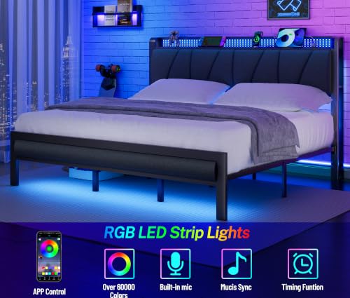 King Size Bed Frame with Storage Shelf and Upholstered Headboard | Metal Platform Bed with LED Light, Charging Station and Heavy Duty Slats, No Box Spring Needed, Noise Free & Easy Assembly - size: King, style: Bed Frame