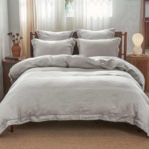Simple&Opulence 100% Linen Duvet Cover Set with Embroidery Border Washed - 2 Pieces (1 Duvet Cover & 1 Pillow Sham) with Button Closure Soft Breathable Farmhouse - Light Grey, Twin Size - color: Light Grey, size: Twin