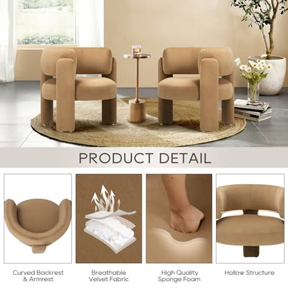 COLAMY Modern Velvet Accent Chairs Set of 2, Upholstered Barrel Chairs, Comfy Side Arm Chairs with 3 Legs for Living Room, Bedroom, Reading, Khaki - color: New-khaki, size: Set of 2