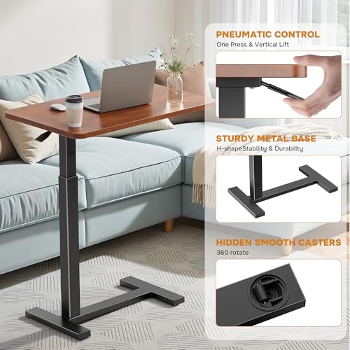 Simple Deluxe Adjustable Overbed Bedside Table with Wheels, Pneumatic Adjustable Hospital & Home Use Bed Table, Rolling Laptop Table, Mobile Standing Desk, Brown - color: Brown, style: Non-Tiltable