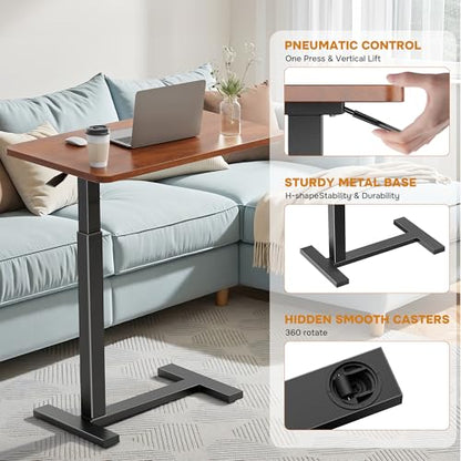 Simple Deluxe Adjustable Overbed Bedside Table with Wheels, Pneumatic Adjustable Hospital & Home Use Bed Table, Rolling Laptop Table, Mobile Standing Desk, Brown - color: Brown, style: Non-Tiltable