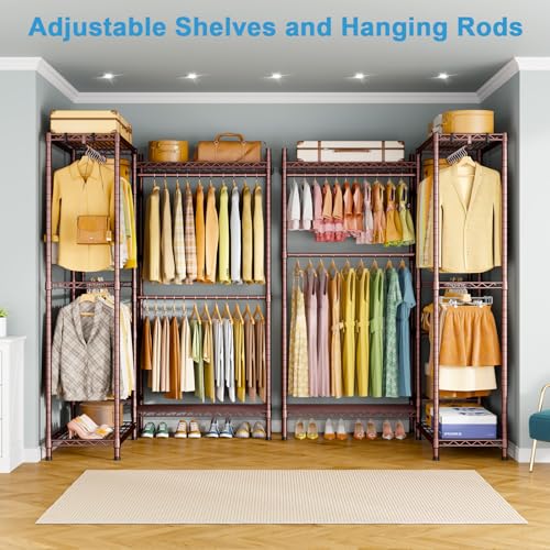 E4L L-shaped Clothes Rack, Heavy-Duty Garment Rack, Metal Freestanding Clothing Organization Storage System with Shelves and Hangers, Max Load 962lbs, 42.7" W x 42.7" D x 79.3" H, Bronze - color: Bronze