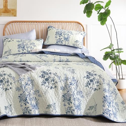 WONGS BEDDING Floral Quilt Set Queen,3 Pcs Blue Bedspreads Coverlets Set | Spring Summer Floral Farmhouse Bedspread with 2 Shams,Soft Microfiber Lightweight Coverlet for All Season 96"×90" - color: Blue, size: Queen