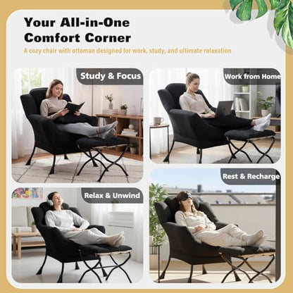 Lazy Chair with Ottoman, Comfy Reading Chair for Bedroom，Black | Comfy Bedroom Accent Chair with Washable Removable Cover and extra throw pillow for Living Room Dorm - color: Midnight Peach Black