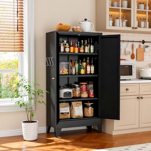 AQY Metal Pantry Cabinet, Black Kitchen Storage Cabinet with Doors | Adjustable Shelves Freestanding Storage Metal Cabinet Kitchen, Dining & Bathroom Organization - color: Black, style: H47" - 2 Doors Hooks & Vents