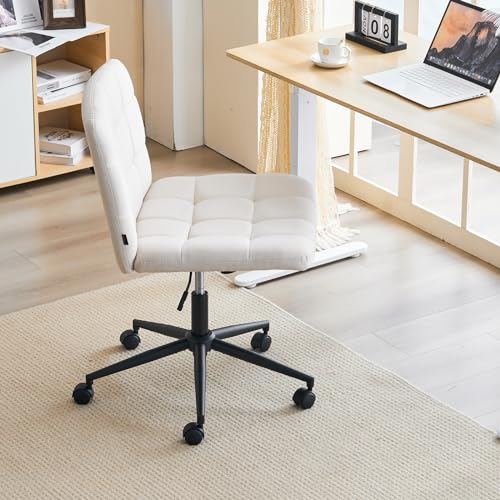 Furnimart Swivel Criss Cross Legged Chair with Wheels for Home Office, Wide Armless Desk Chair Height Adjustable Comfy Seat for Desk,Vanity, Bedroom, Beige - color: Linen-beige