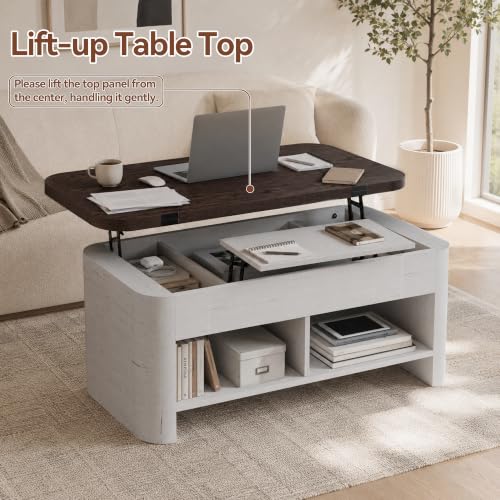 37.5" Lift Top Coffee Table with Storage, Farmhouse Coffee Table with Hidden Compartment & Open Shelf, Lifting Tabletop, for Living Room, Home Office - color: White-brown
