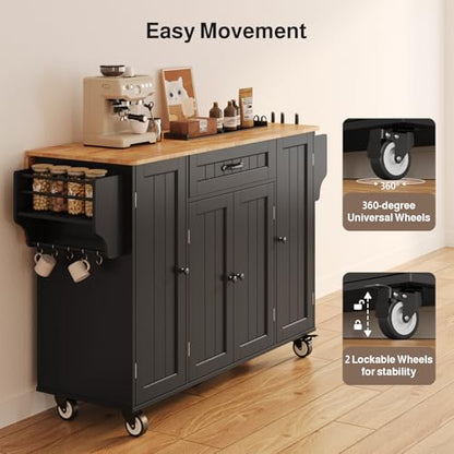 47.6" Kitchen Island with Storage, Drop Leaf, Knife Holder, Black | Island Table for Kitchen with Door Cabinet, Drawer, Spice Rack, Towel Rack, and Knife Holder for Kitchen, and Living Room - size: 47.6 Inch-Black