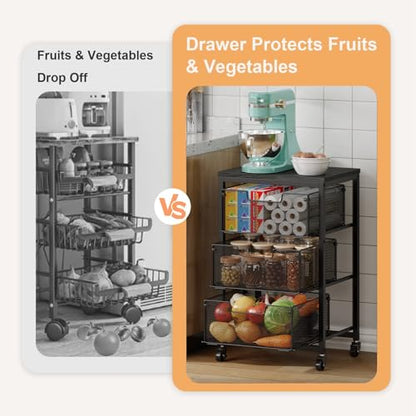 Pantry Organizer and Storage Cart, 3-Tier Kitchen Storage Cart with Drawer, Fruit Vegetable Storage Cart with Wheels, Wooden Top Metal Wire Kitchen Organizer Rack Stand for Food Snack Onion Potato - size: 3-Tier Black