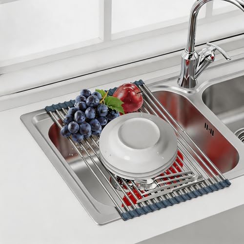 CHIRISEN Expandable Large Roll Up Dish Drying Rack, Foldable Over The Sink Dish Drying Rack, Rolling Dish Drainer Stainless Steel Roll Rack for Kitchen Sink Counter (Gray, 21.25x12.79in)