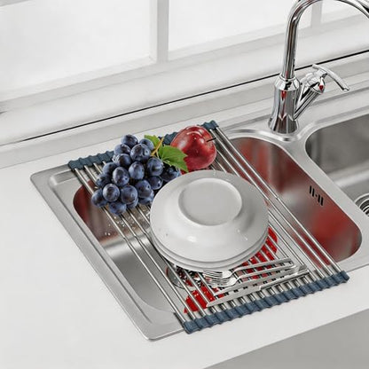 CHIRISEN Expandable Large Roll Up Dish Drying Rack, Foldable Over The Sink Dish Drying Rack, Rolling Dish Drainer Stainless Steel Roll Rack for Kitchen Sink Counter (Gray, 21.25x12.79in)