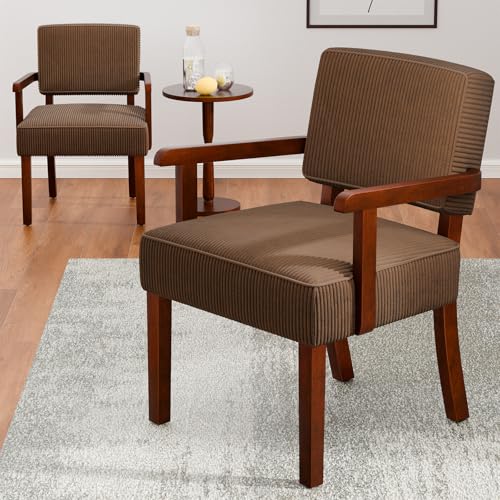 Corduroy Accent Chairs Set of 2, 2 Solid Wood Armchairs with Table | Living Room Chairs with Soft Thicken Cushion, Comfy Reading Chair for Bedroom, Waiting Room, Home Office, Easy Assembly - color: Corduroy Brown, size: Set of 2 with table