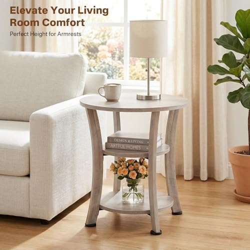 Round End Table 3 Tier Side Table, Small Space Nightstand | 19.7 inch Circle Coffee Accent Table, Outdoor Side Tables for Bedroom, Couch, Patio, Garden, Vintage Rustic (Grey) - color: Grey